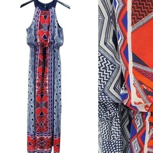 Nine West Maxi Sundress Womens 6 Blouson Red White Blue Lined Drawstring Summer